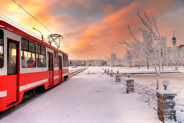 St. Petersburg, winter, snow, vehicle, tram