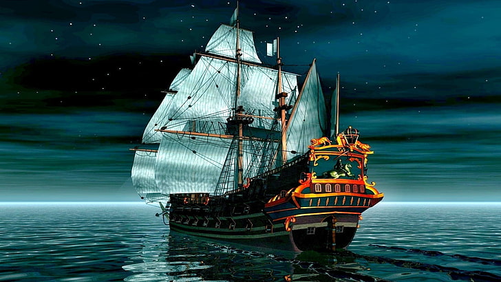 sailing ship, sea, moon rays, night, digital art, nautical vessel, HD wallpaper
