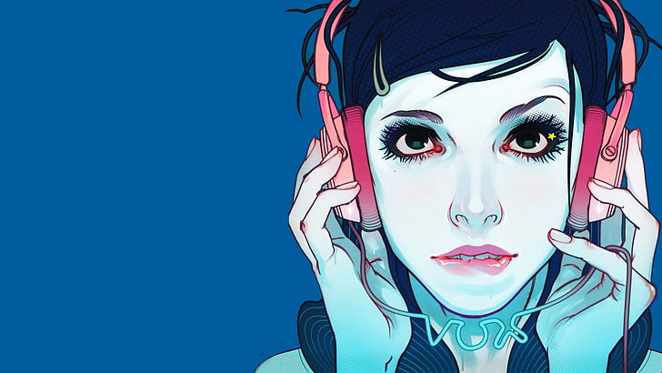 anime girls, headphones, blue, DubstepGutter, digital art, artwork