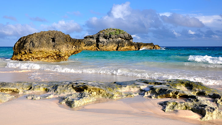 brown rock formation during day time, Horseshoe Bay Beach, Bermuda, HD wallpaper