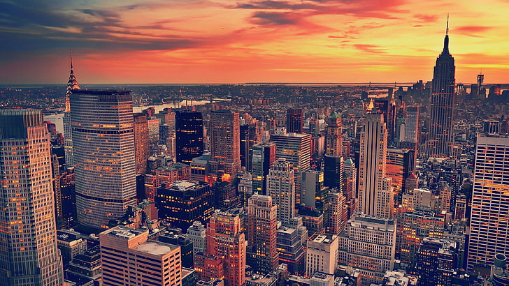 aerial view photography New York City building, cityscape, sunset, HD wallpaper
