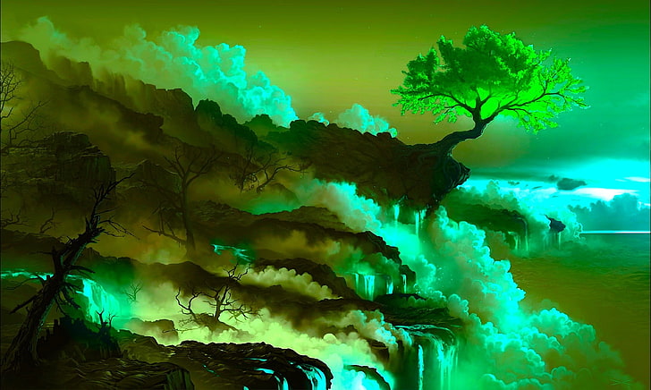 green leafed tree photo, digital art, nature, lava, cherry blossom