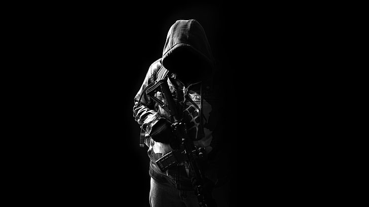 person with gun illustration, weapons, hood, male, assault rifle