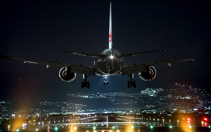 landscape night airport airplane lights landing technology osaka japan cityscape, HD wallpaper