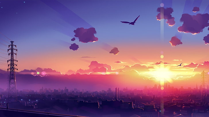 electric tower, anime, landscape, sunset, sky, sunrise - Dawn