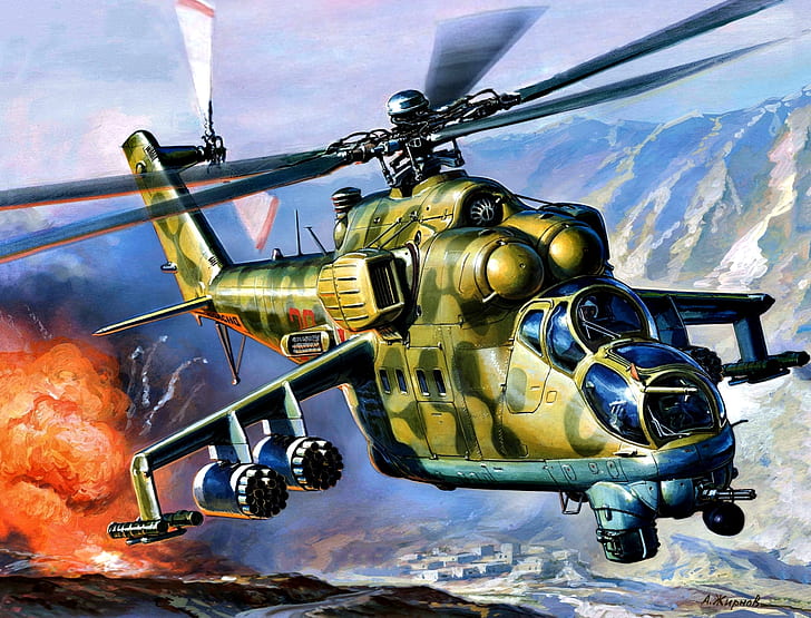 Mountains, The explosion, THE SOVIET AIR FORCE, Mi-24V, The war in Afghanistan, HD wallpaper