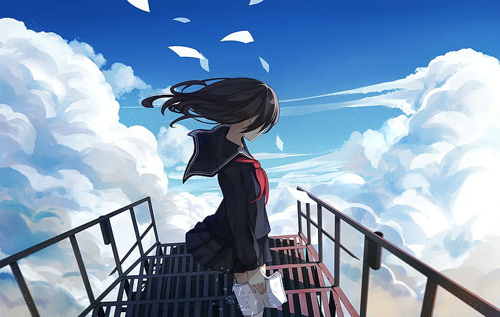 clouds, paper, school uniform, stairs, heights, sky, anime