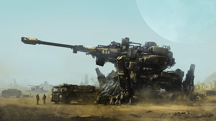gray robot illustration, grand canon and vehicle illustrations