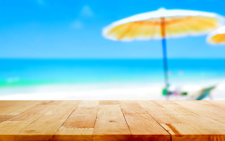 brown wooden table, sand, sea, beach, summer, the sky, the sun
