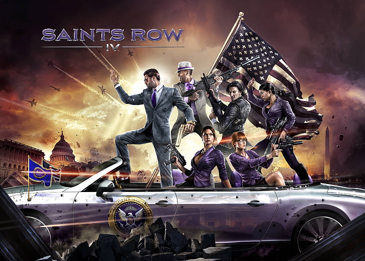 Saints Row 4 game wallpaper, weapons, flag, car, characters, Washington