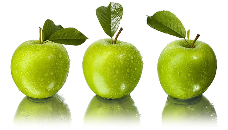 three green apples, leaves, water, drops, reflection, fruit, food, HD wallpaper