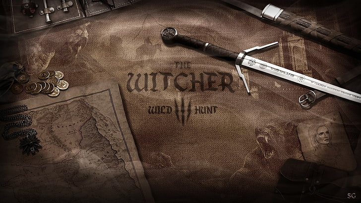 weapons, money, sword, coins, world map, the Witcher, The Witcher 3 Wild Hunt, HD wallpaper
