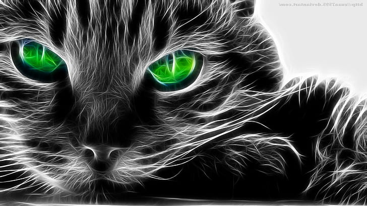 fractalius cat green eyes, domestic cat, feline, animal body part, HD wallpaper