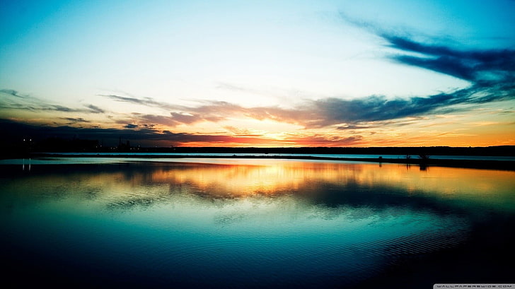 body of water, landscape, lake, sunset, sky, clouds, reflection