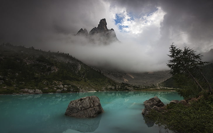 nature, landscape, clouds, mountains, lake, trees, turquoise