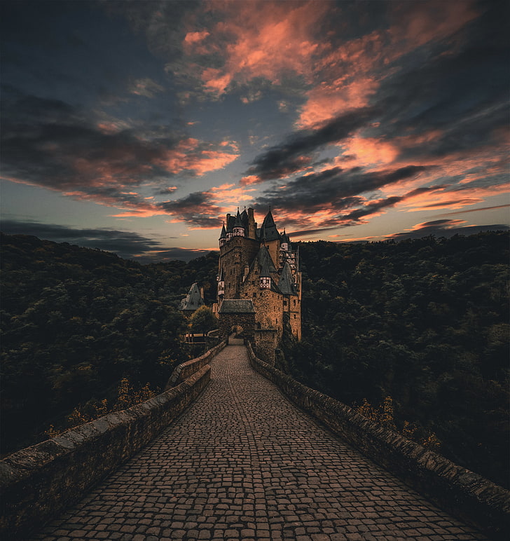 brown and gray castle, wierschem, germany, trail, evening, sky, HD wallpaper