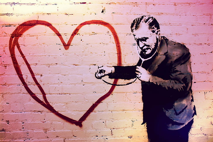 Banksy, bricks, Doctors, Graffiti, heart, men, Stethoscope, HD wallpaper