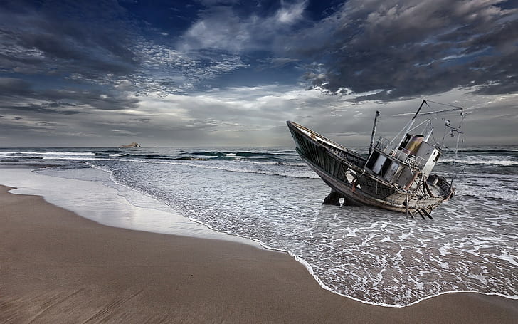 Boat Beached Beach Ocean Clouds Shore Abandon Deserted Urban Decay HD