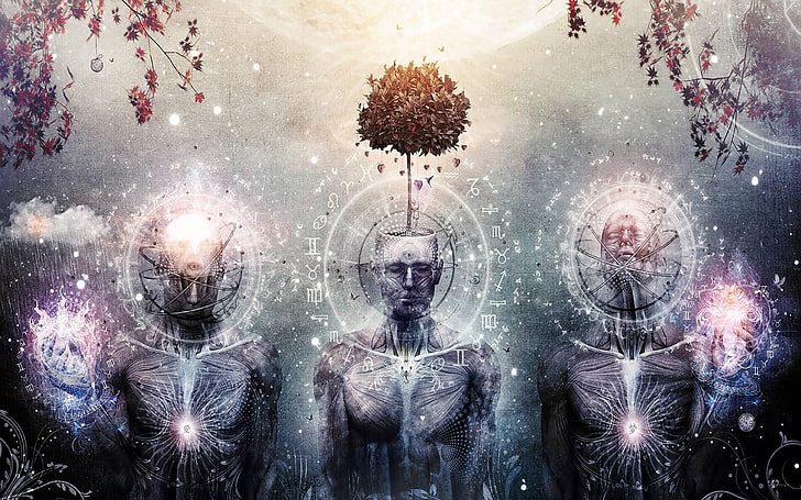 three humans near trees illustration, art, spirituality, cameron gray