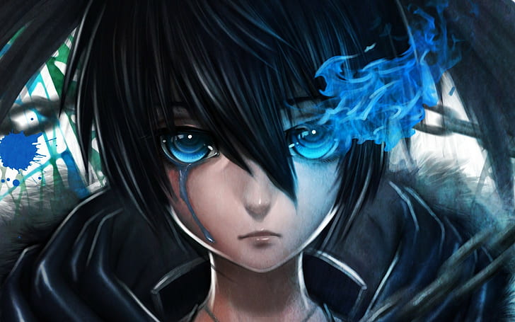 Anime, Black Rock Shooter, Blue, Blue Eyes, Crying, Flame, Girl, HD wallpaper