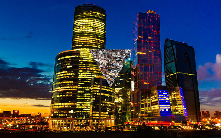 Moscow CIty, night, postmodernism, cityscape, building exterior