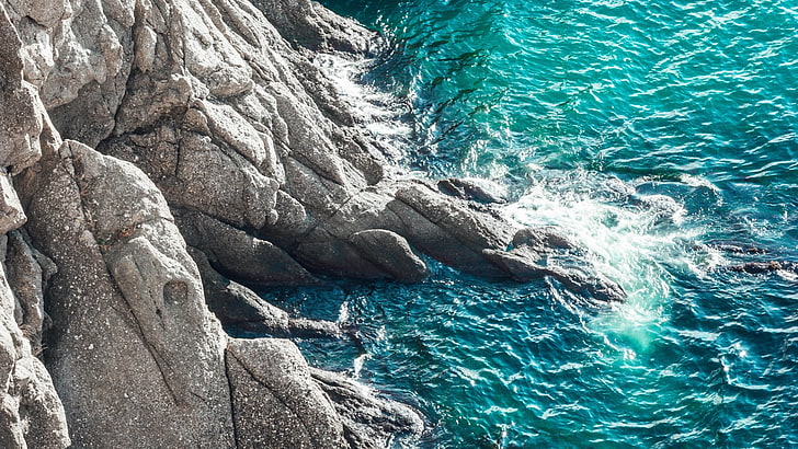 gray rock formation, sea, waves, water, rocks, blue, turquoise, HD wallpaper