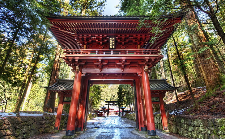 Temple Gate In Japan, brown wooden shed, Asia, Forest, Alley