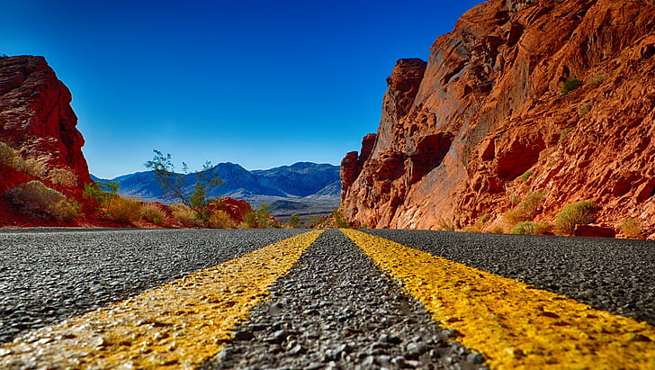 photo of road between brown mountains, Valley of Fire, Nevada, HD wallpaper