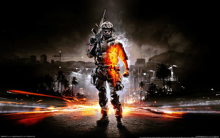 Battlefield 3, night, illuminated, one person, full length, HD wallpaper