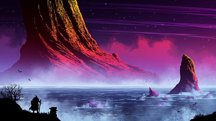 rock mountain near body of water digital wallpaper, illustration