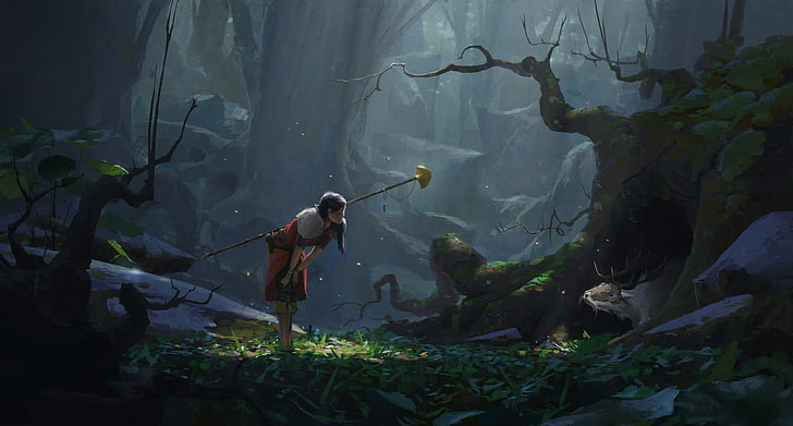 woman leaning forward at the woods illustration, fantasy art