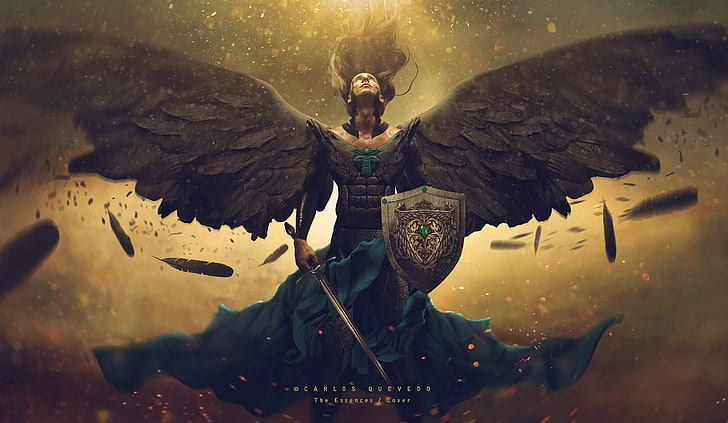 woman with wings illustration, Photoshop, Carlos Quevedo, angel, HD wallpaper