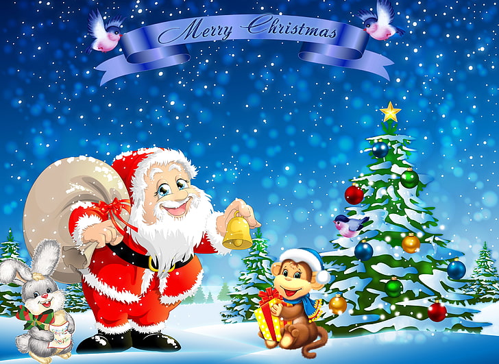HD wallpaper: Santa Claus with monkey and rabbit Merry Christmas wallpaper  | Wallpaper Flare