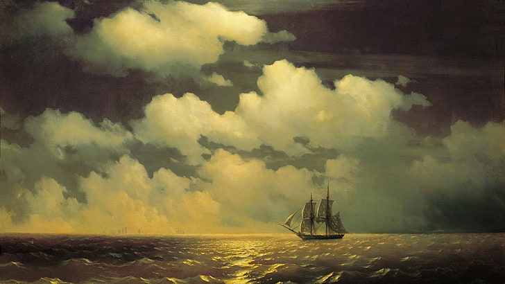 sailboat on water painting, artwork, classical art, sea, sailing ship