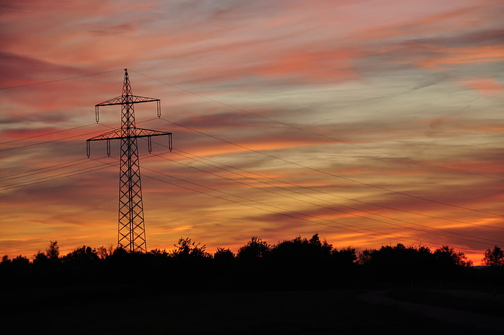 sunset, dark, power lines, sky, technology, electricity pylon, HD wallpaper