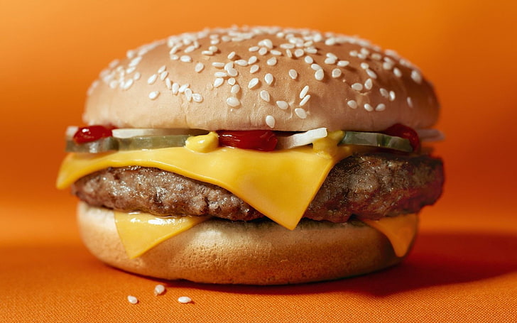 cheeseburger sandwich, hamburger, meat, roll, sesame, food, beef, HD wallpaper
