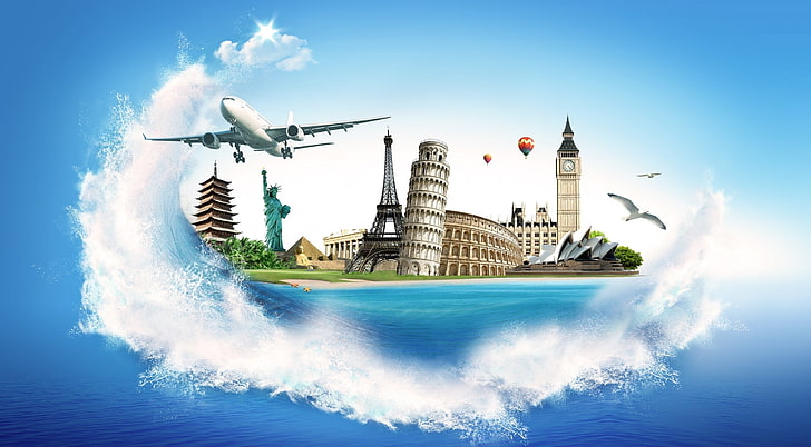 Travel, Leaning Tower of Pisa, Eiffel Tower, Big Ben, Sydney Opera House, Statue of Liberty, Colosseum, Pyramid of Giza and white airliner illustration
