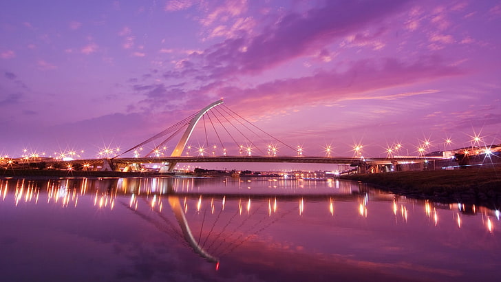 optical illusion of bridge, cityscape, water, reflection, sky, HD wallpaper