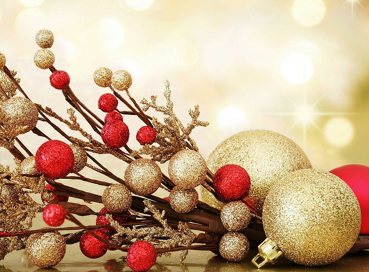 christmas decorations, balloons, thread, glitter, holiday, decorations, HD wallpaper