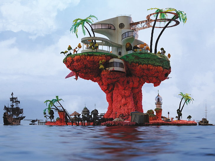 Gorillaz, Jamie Hewlett, Plastic Beach, sky, water, waterfront