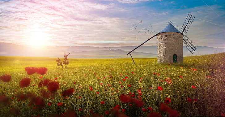 Don Quijote de la Mancha, fantasy, mill, luminos, annewipf, HD wallpaper