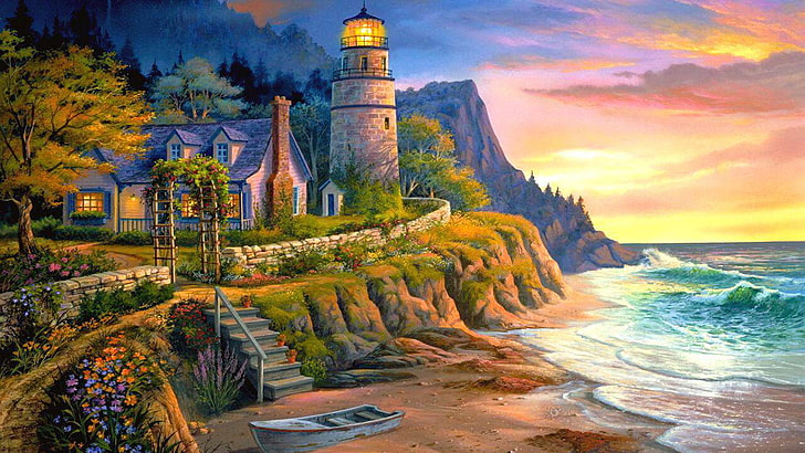 lighthouse painting, sea, sunset, boat, the evening, ladder, Michael Humphries, HD wallpaper