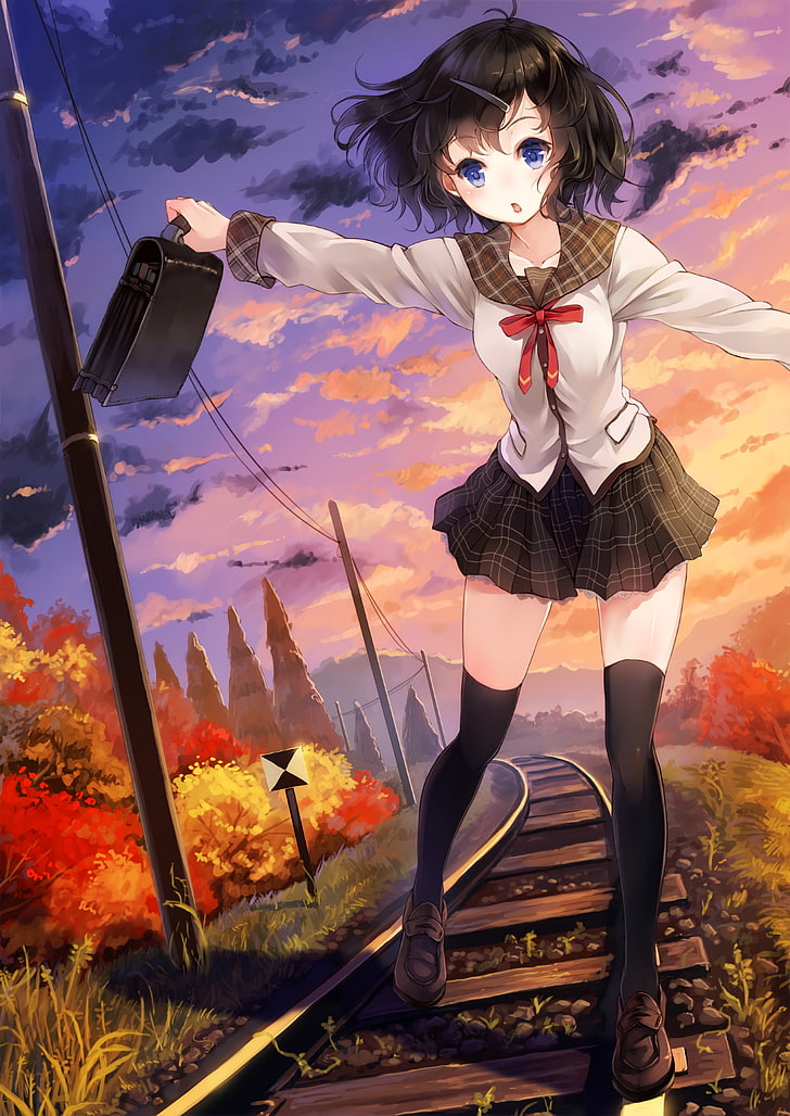 anime, anime girls, school uniform, skirt, stockings, black hair, HD wallpaper