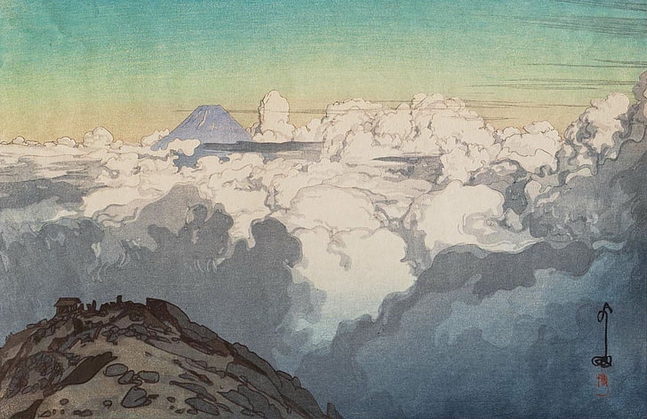 Yoshida Hiroshi, artwork, Japanese, painting, mountains, clouds, HD wallpaper