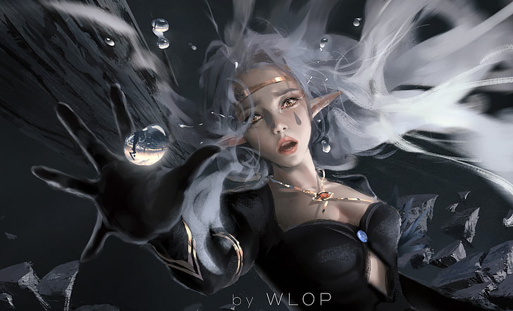 white haired female elf character wallpaper, WLOP, digital art