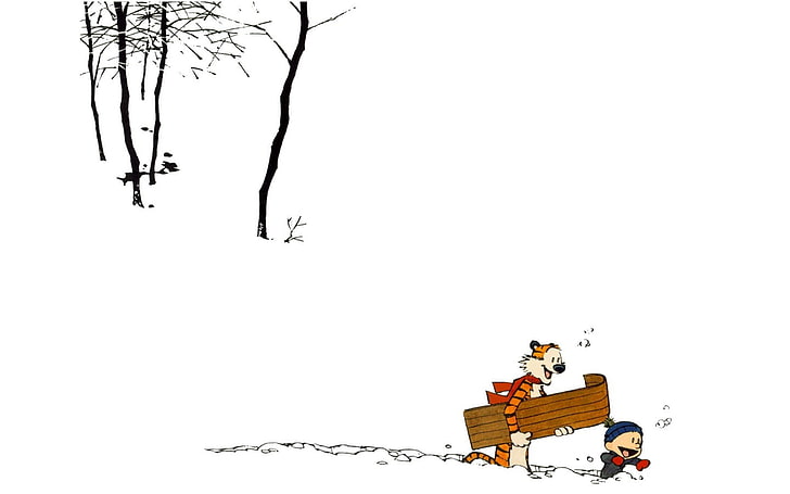 child and tiger near trees artwork, Calvin and Hobbes, copy space, HD wallpaper