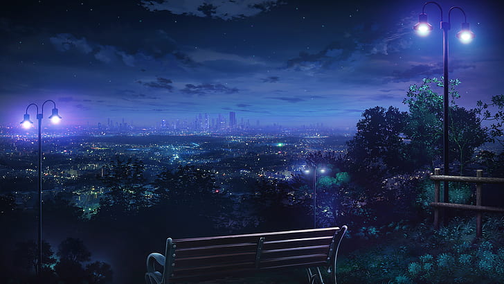 lantern, sky, bench, anime, city lights, cityscape, night, HD wallpaper