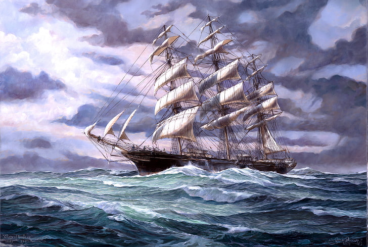 black and white clipper ship illustration, Sea, Figure, Wave, HD wallpaper