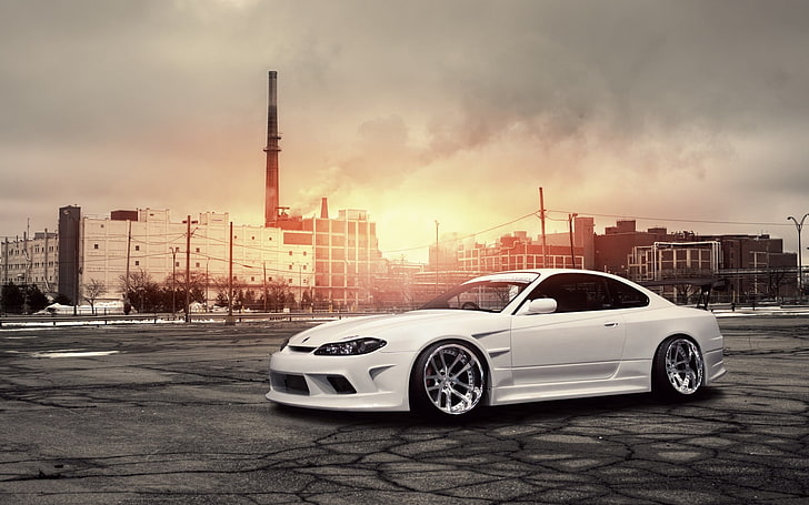 white coupe, car, sunset, Nissan Silvia S15, modified, tuning HD wallpaper