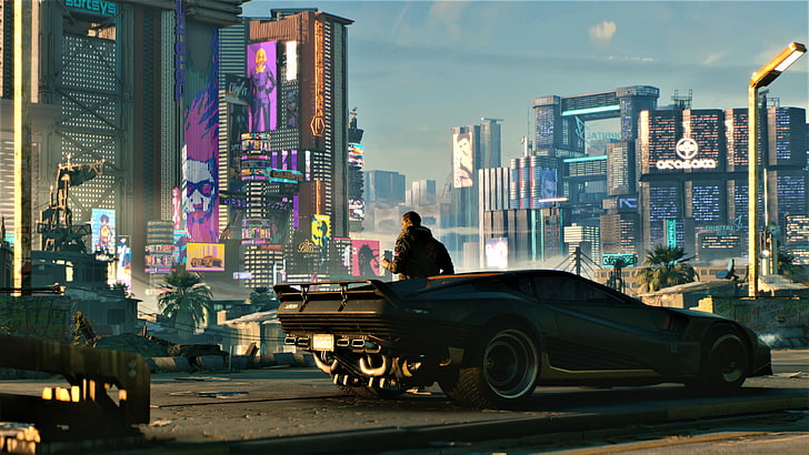 black sports car, video games, cyberpunk, Cyberpunk 2077, building exterior